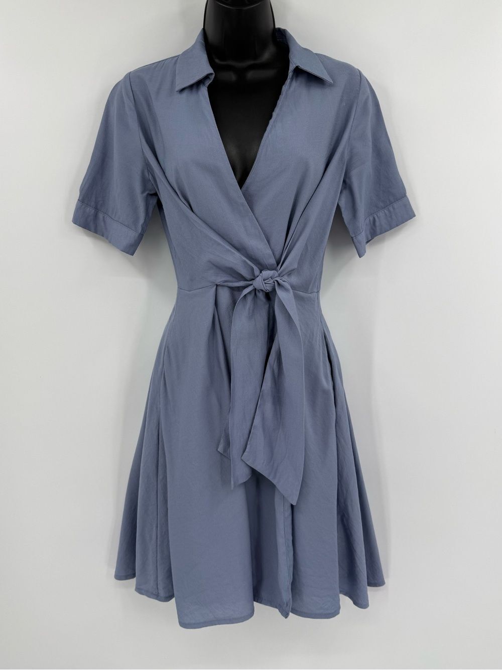FRNCH Paris Cotton Blend Collared Wrap Tie Front Mini Dress | Blue | Small